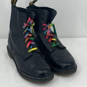 Dr. Martens PASCAL WOMENS 10  Black Leather Boots with Rainbow Laces STITCH